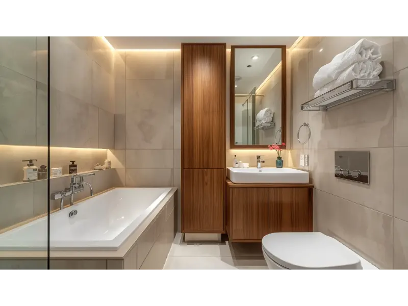 Floor To Ceiling Storage Beside Tub