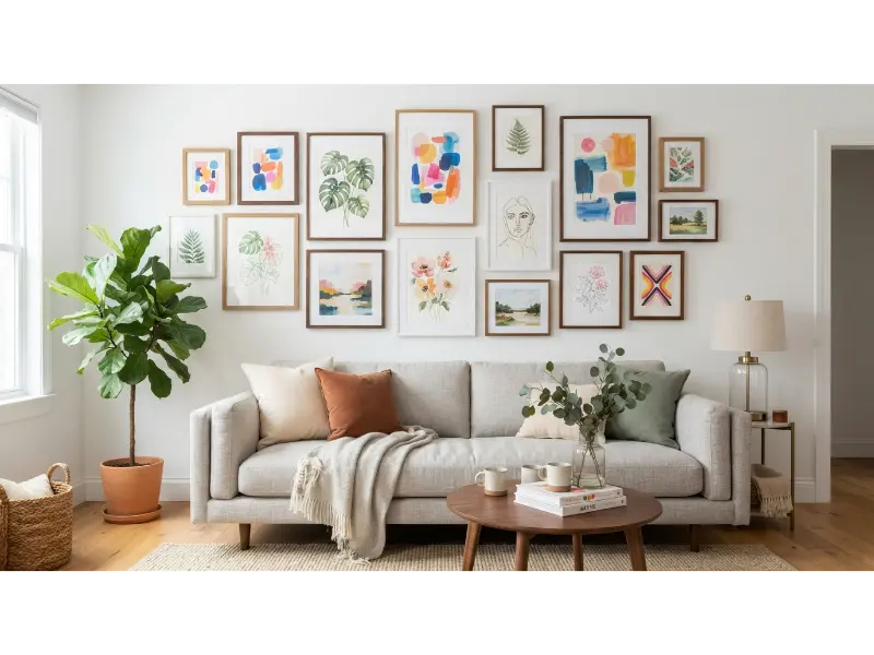 Gallery Wall Full of Bright Prints