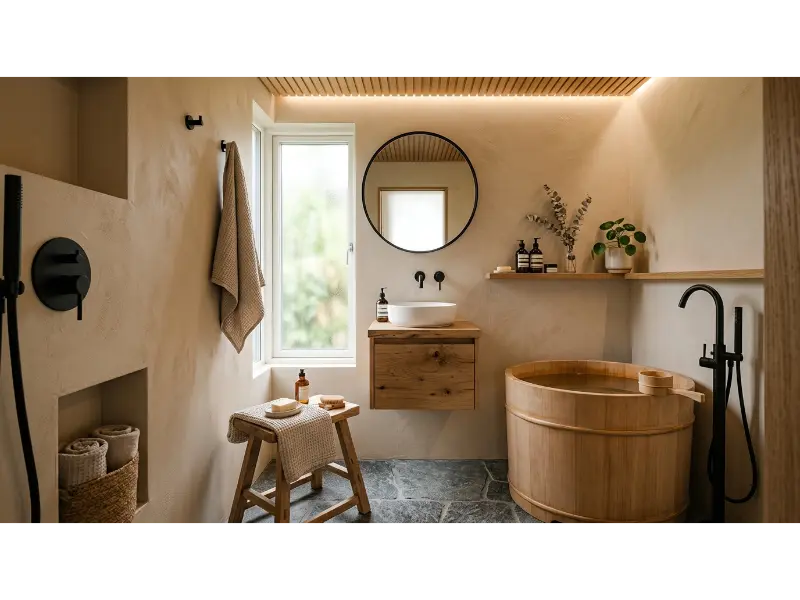 Japandi Tub Bathroom With Natural Wood