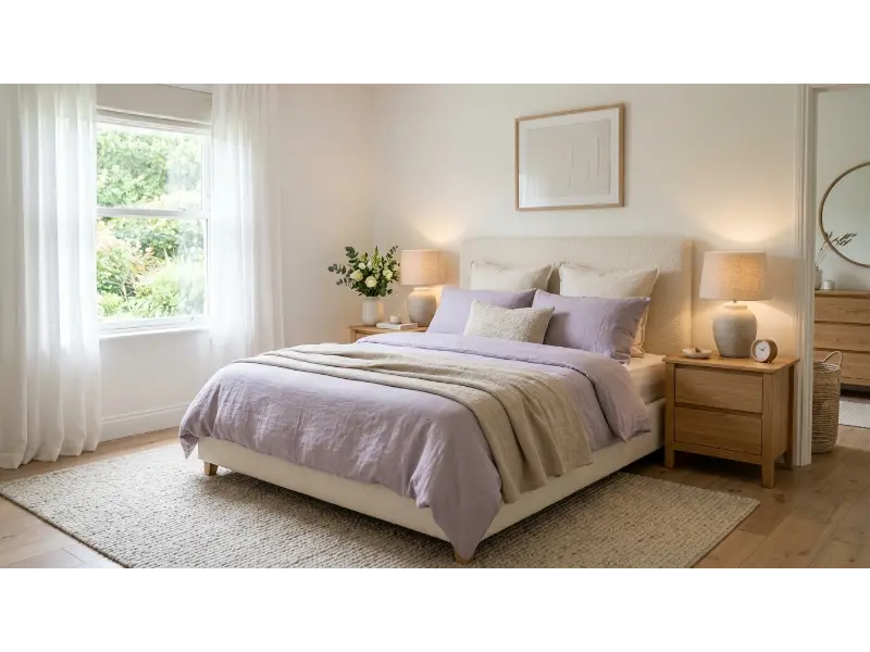 Lavender Bedding in a Neutral Bedroom