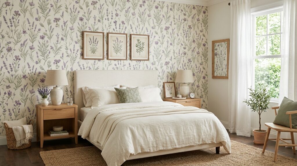 Lavender Bedroom With Botanical Wallpaper