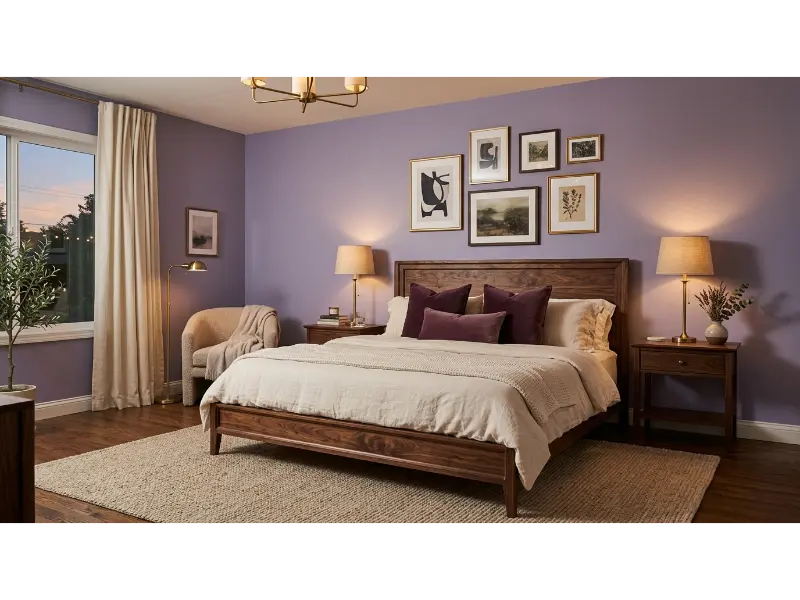 Lavender Bedroom With Dark Wood Furniture