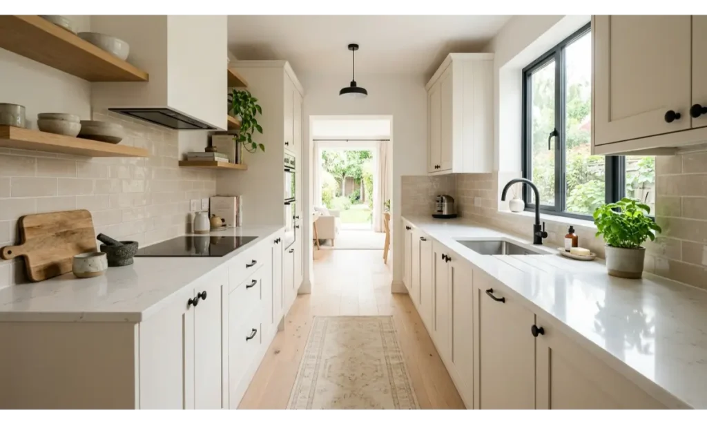 Light Oak Flooring for a Narrow Kitchen