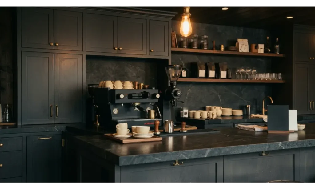 Moody Coffee Bar With Dark Cabinets