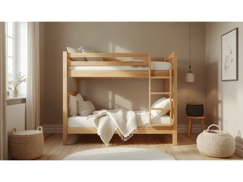 Natural Wood Bunk Bed With Cozy Textiles