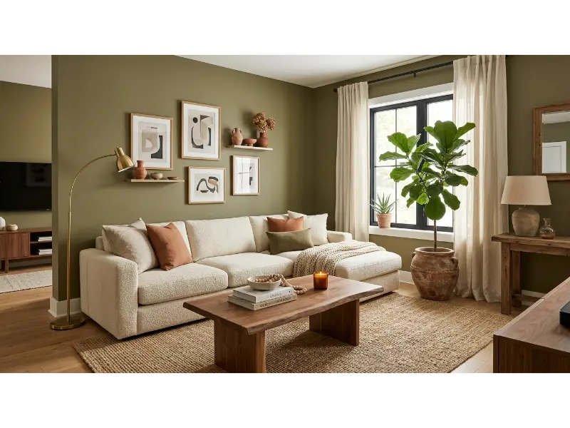 Olive Green Walls With Cream Furniture