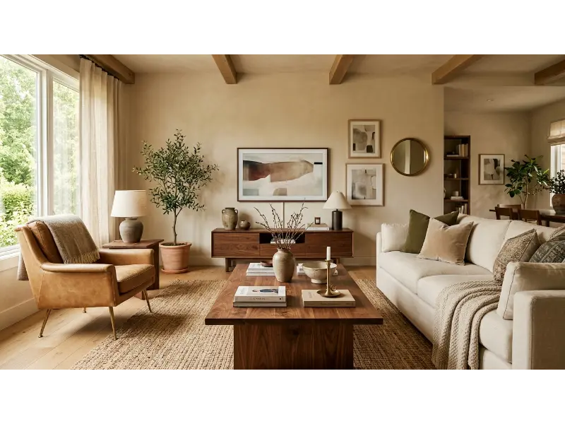 Rich Walnut Furniture With Soft Neutrals