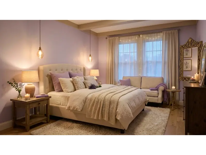 Romantic Lavender Bedroom With Soft Lighting