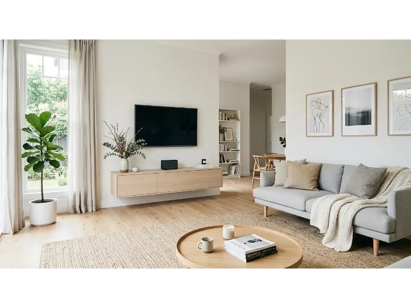 Scandinavian TV Setup With Light Wood