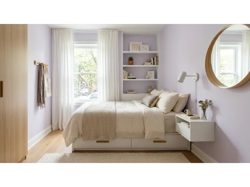 Small Lavender Bedroom With Smart Storage