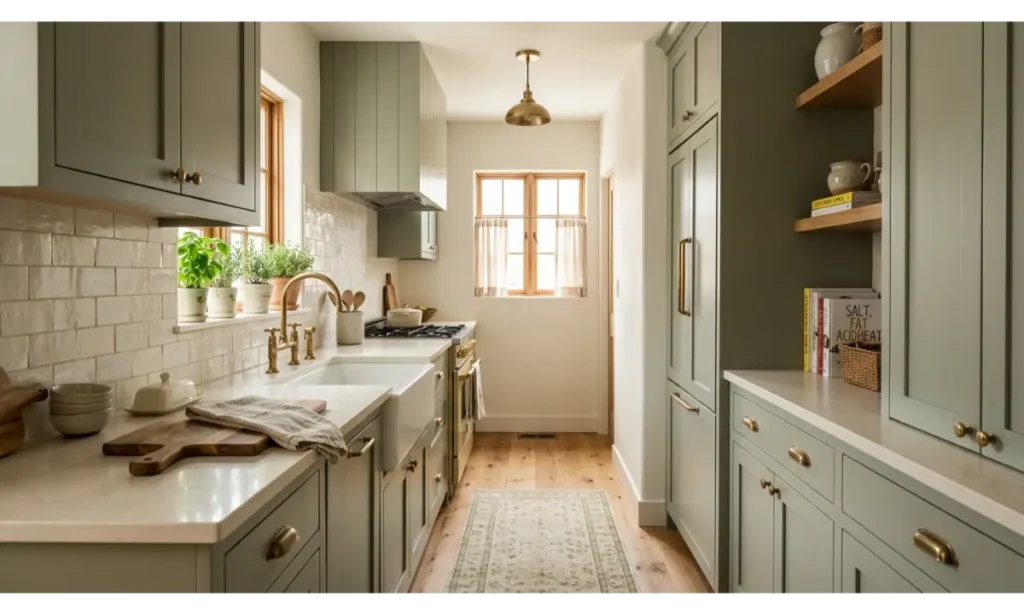 Soft Green Galley Kitchen Ideas