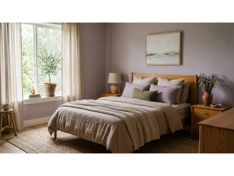 Soft Lavender Bedroom With Earthy Accents
