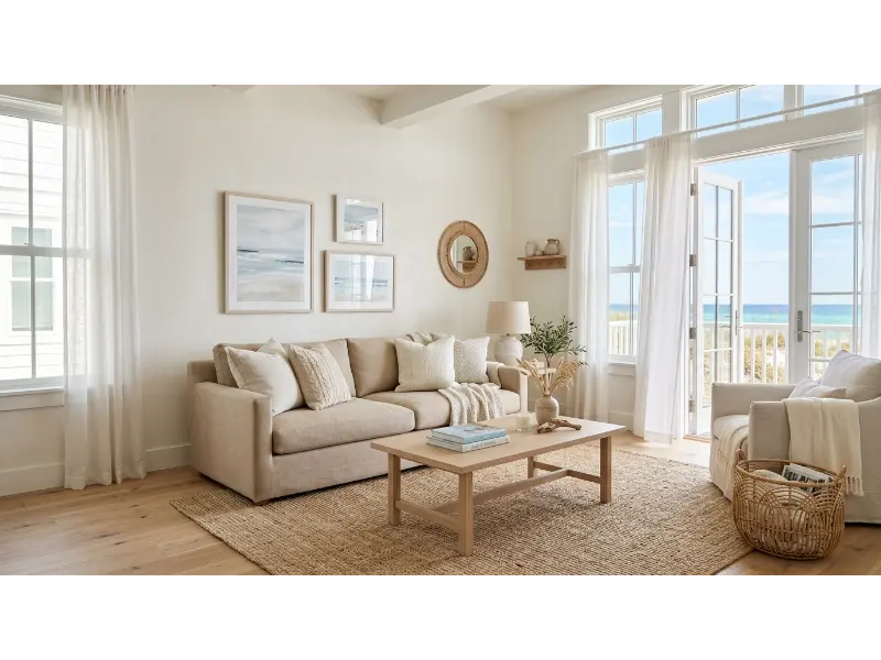 Soft White and Sandy Beach Themed Living Room