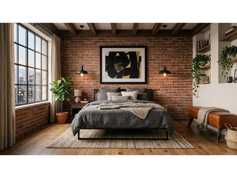 Street Style Bedroom Ideas With an Exposed Brick Wall