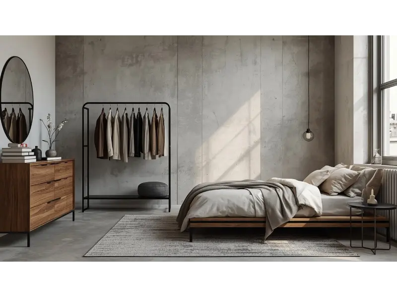 Urban Bedroom With Open Clothing Rack