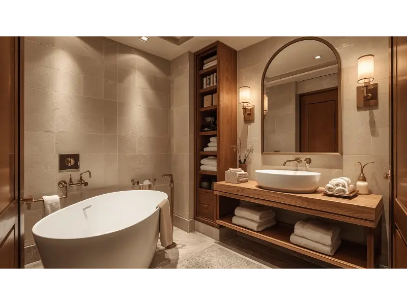Warm Luxury Tiny Bathroom With Tub