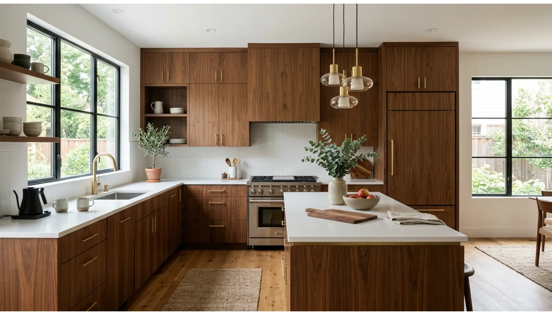 Warm Walnut Cabinets with Matte White Walls