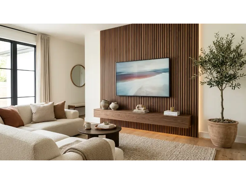 Warm Wood Slat TV Wall