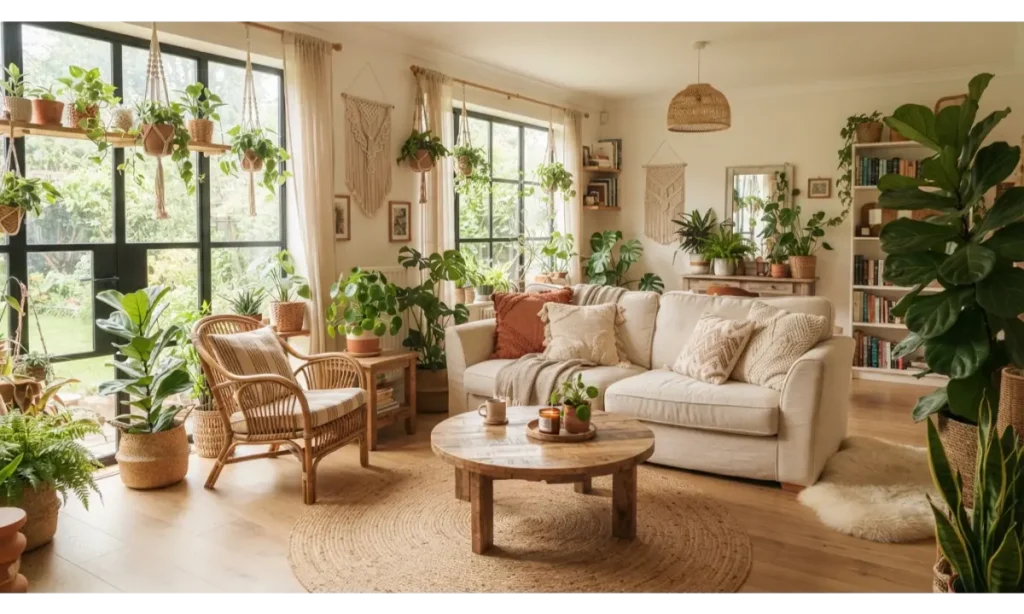 Boho Living Room Designs With Abundant Greenery