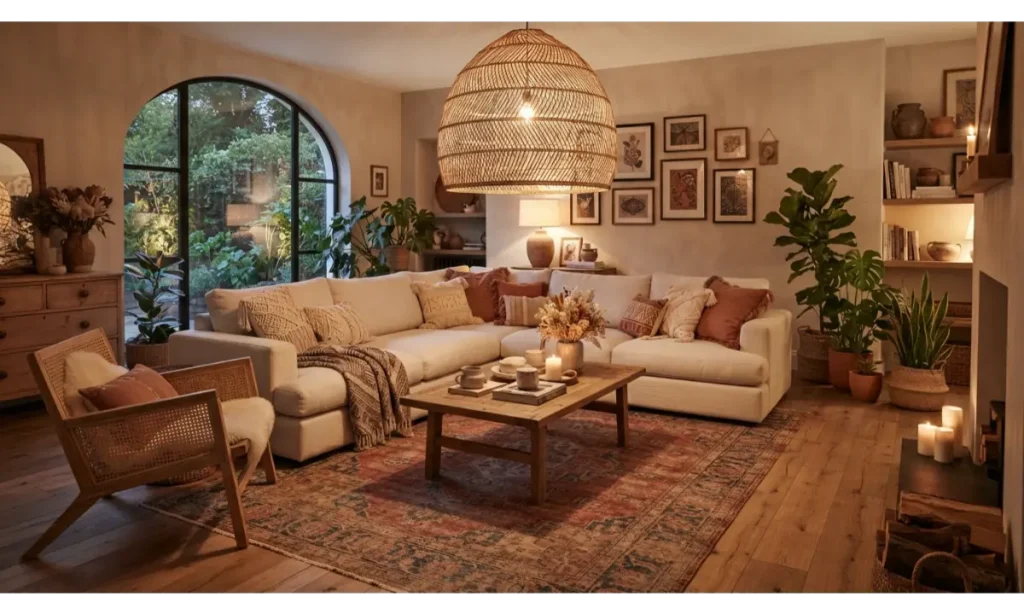 Boho Living Room With a Statement Pendant