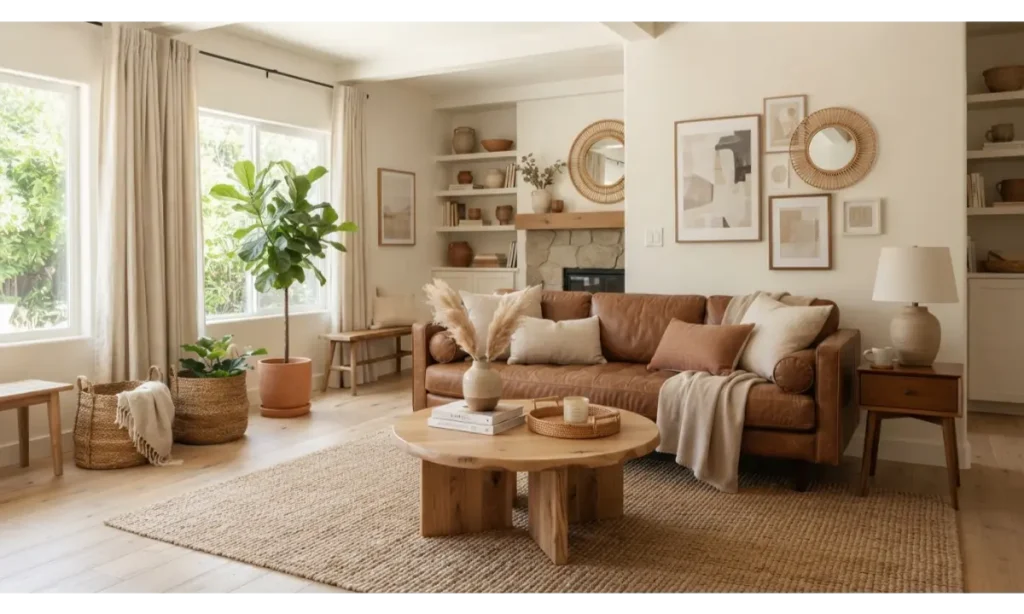 Brown Leather Sofa With Natural Wood
