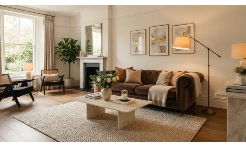 Brown Velvet Sofa With Brass Accents