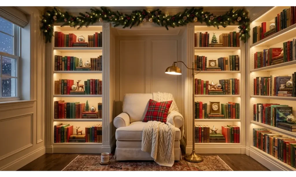 Christmas Reading Nook With Bookshelf Wall