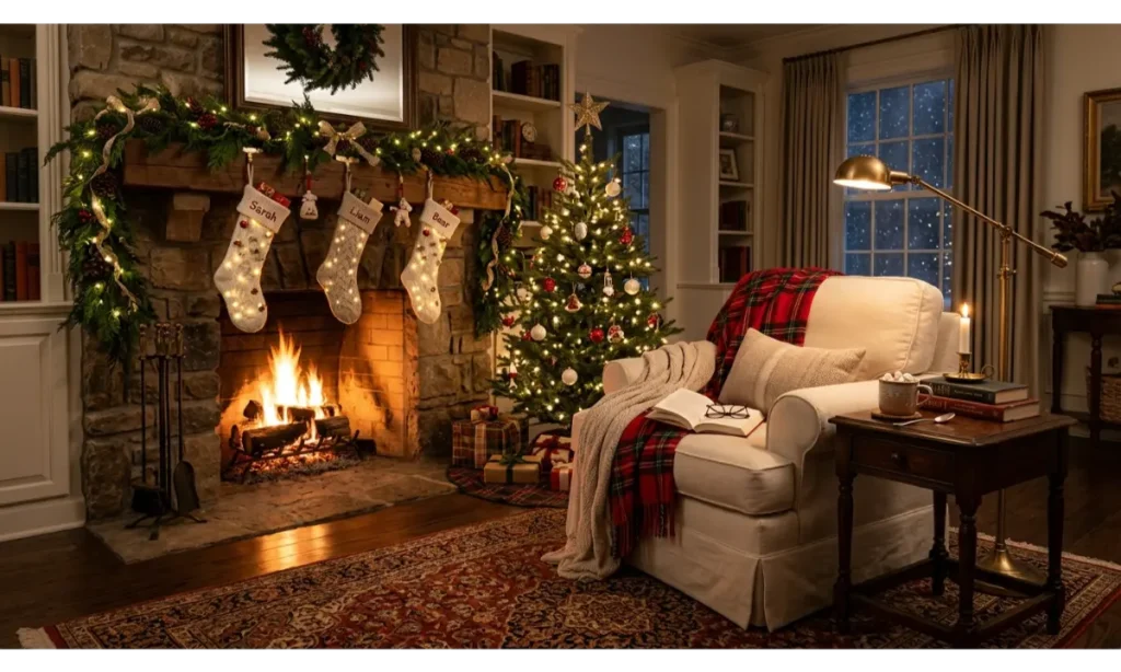 Christmas Reading Nook With a Fireplace