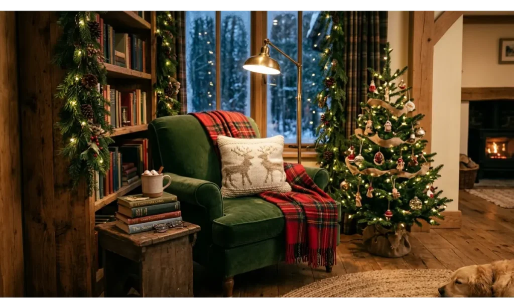 Classic Christmas Reading Nook Ideas With Red and Green