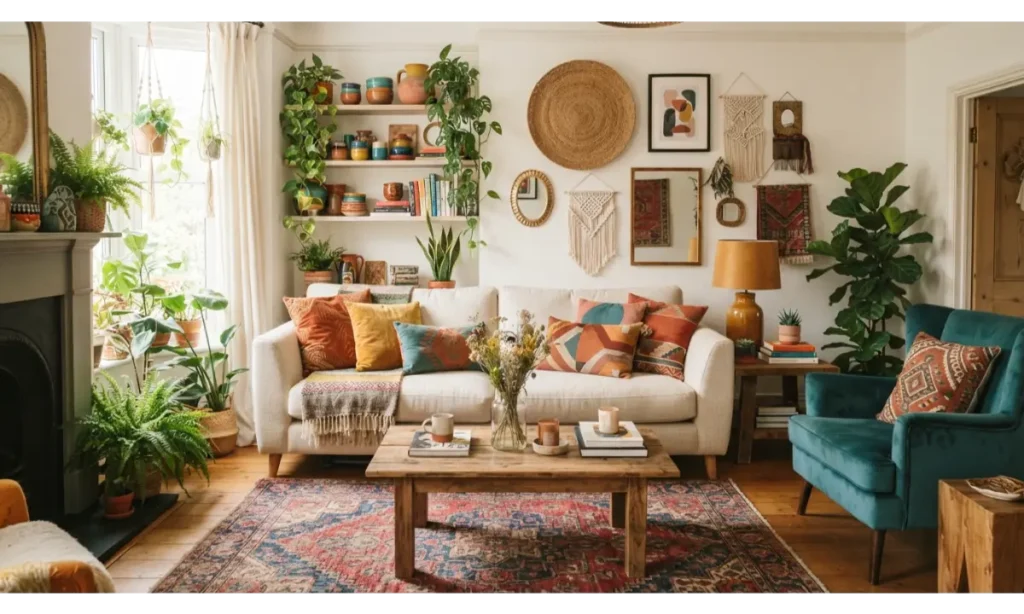 Colorful Bohemian Living Room With Layered Textiles