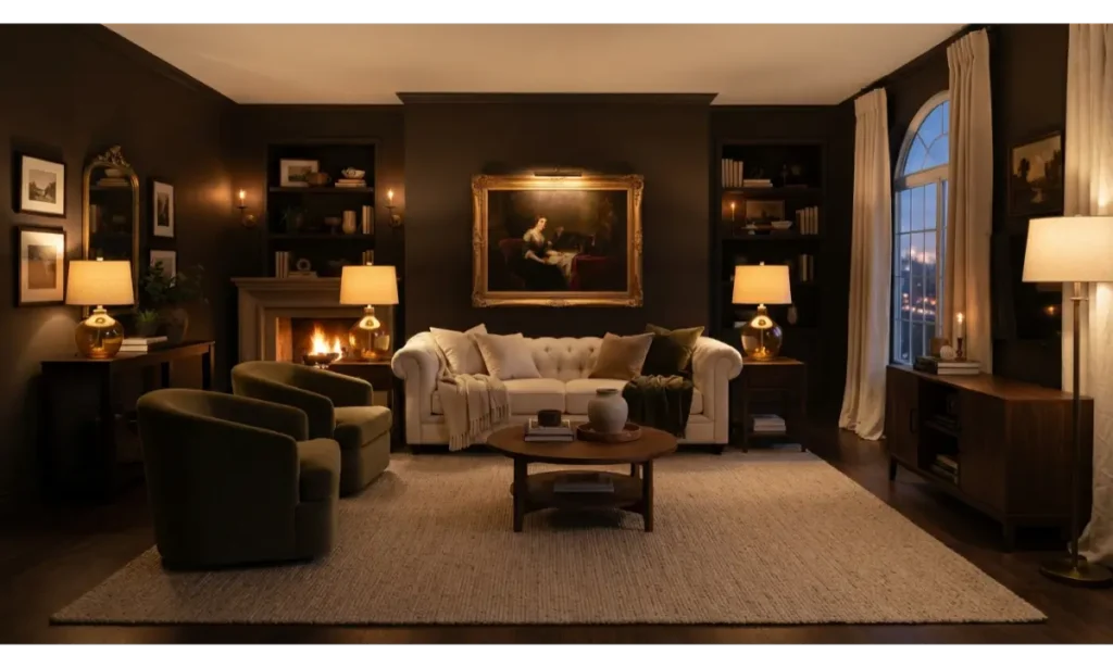 Dark Brown Walls With Warm Lighting