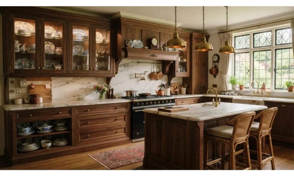 Dark Wood Cabinets with Glass Doors