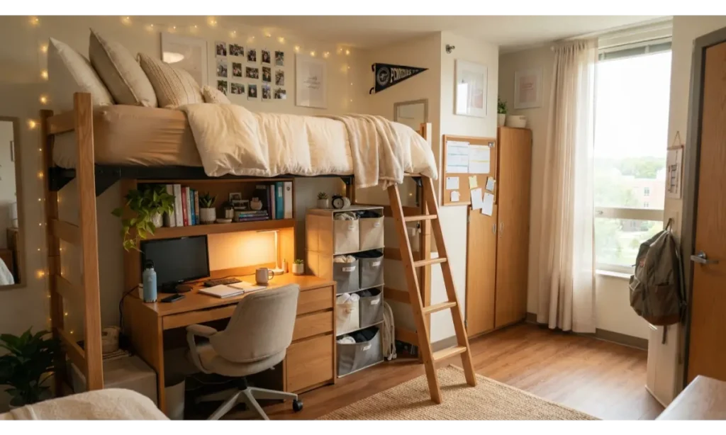 Dorm Room Setup With a Lofted Bed