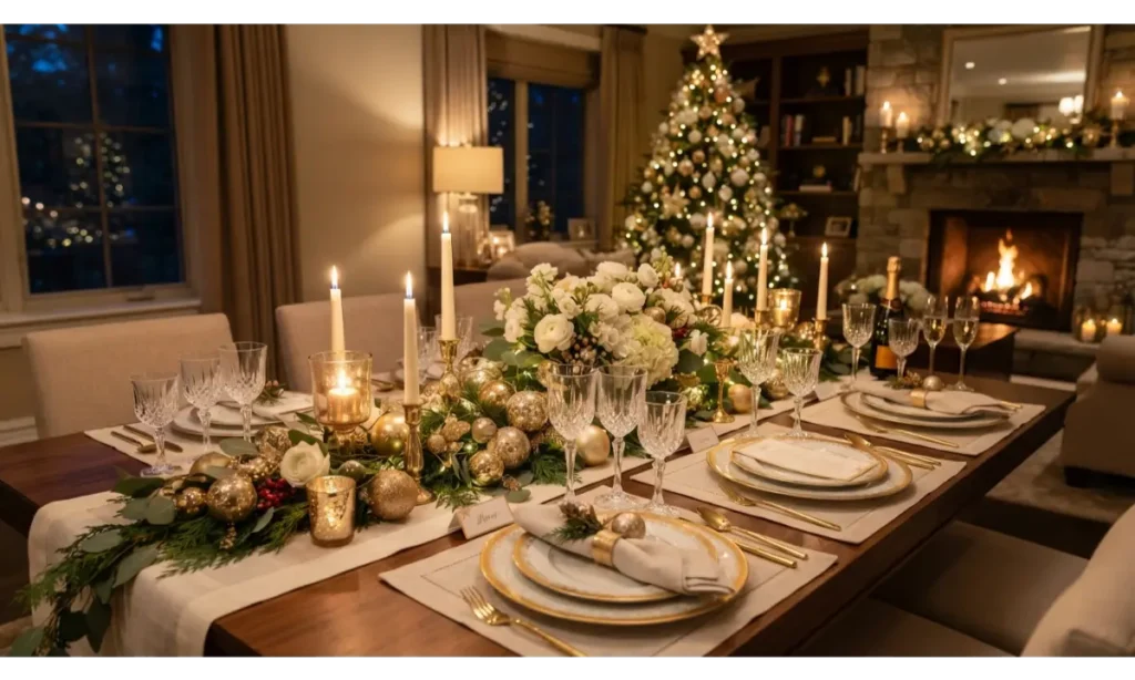 Elegant White and Gold Table Runner