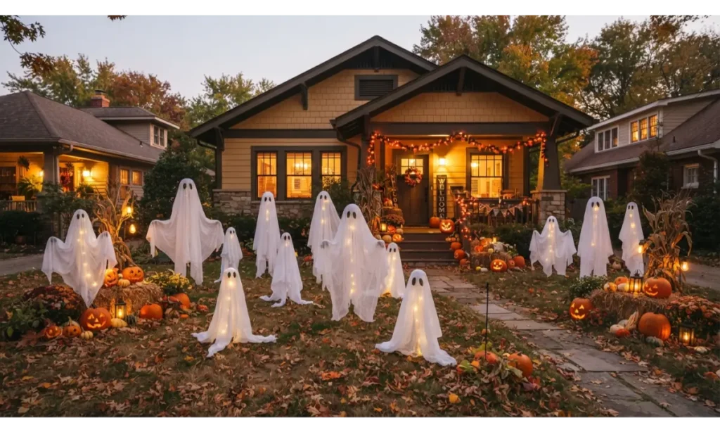 Friendly Ghost Family Along the Lawn