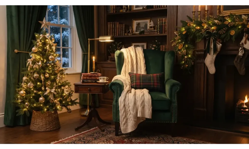Green and Gold Christmas Reading Nook