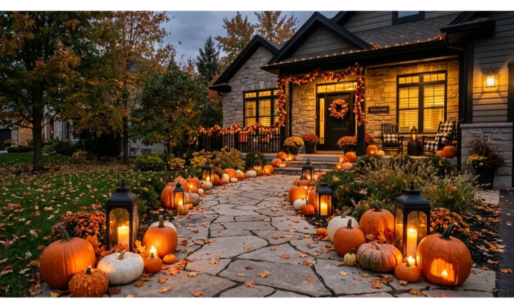 Layered Pumpkin Pathway With Glowing Lanterns
