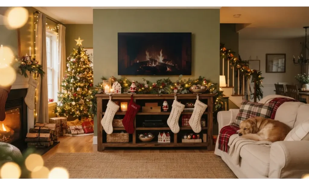 Layered Stockings Around the TV Stand