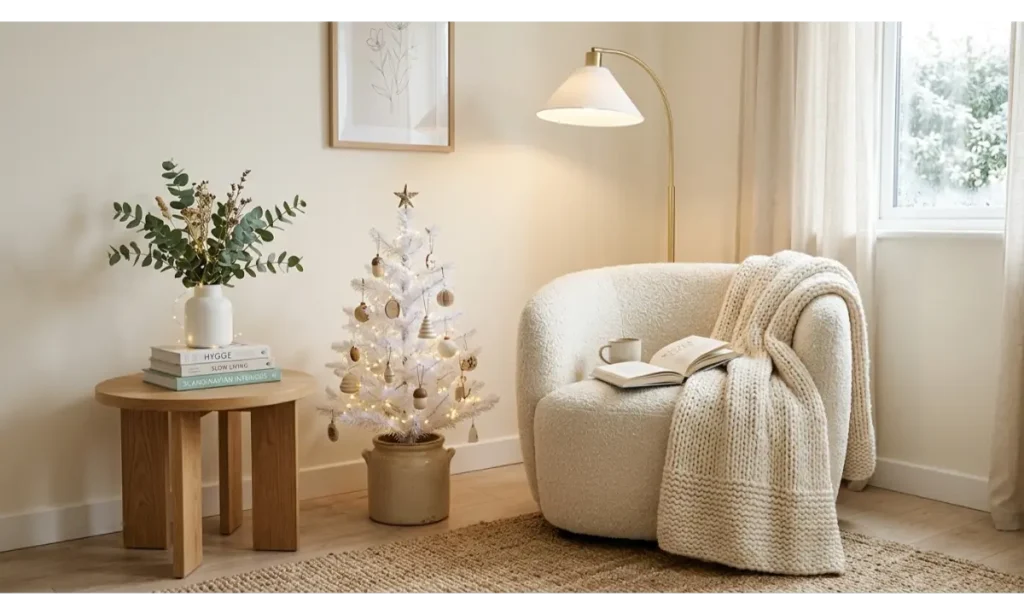 Minimalist Christmas Reading Nook With Neutral Colors
