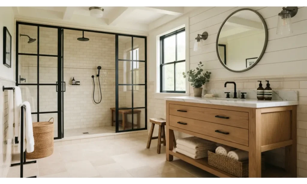 Modern Farmhouse Bathroom With Black Framed Shower