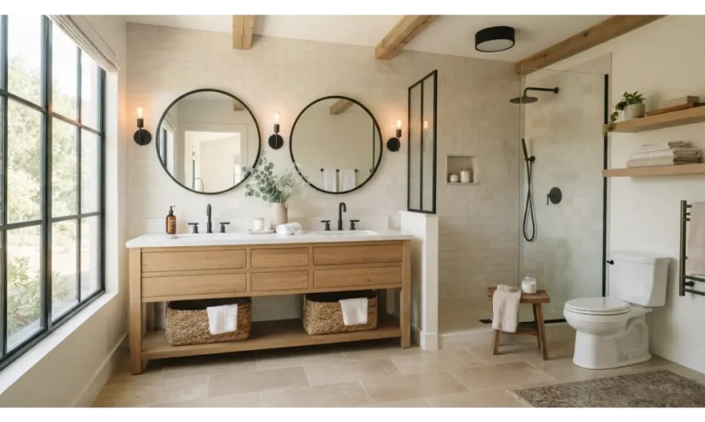 Modern Farmhouse Bathroom With a Wood Vanity