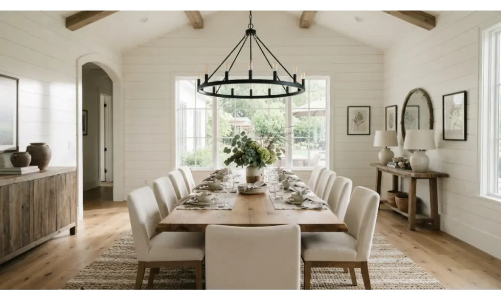 Modern Farmhouse Dining Room With a Rustic Table