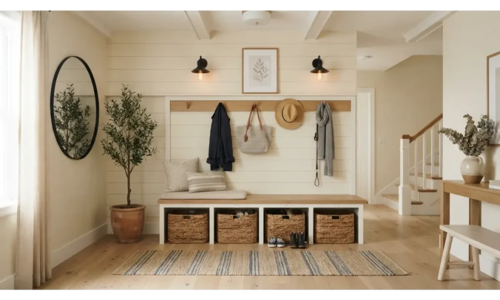 Modern Farmhouse Entryway With a Built In Bench