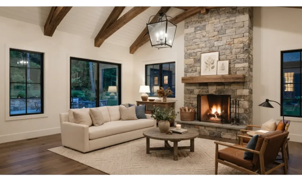 Modern Farmhouse Fireplace With Natural Stone
