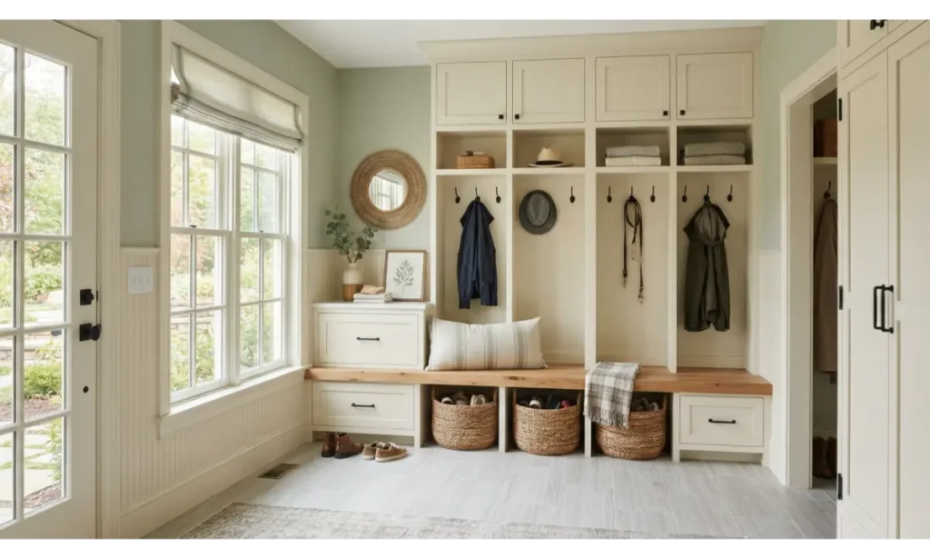 Modern Farmhouse Mudroom With Built In Storage