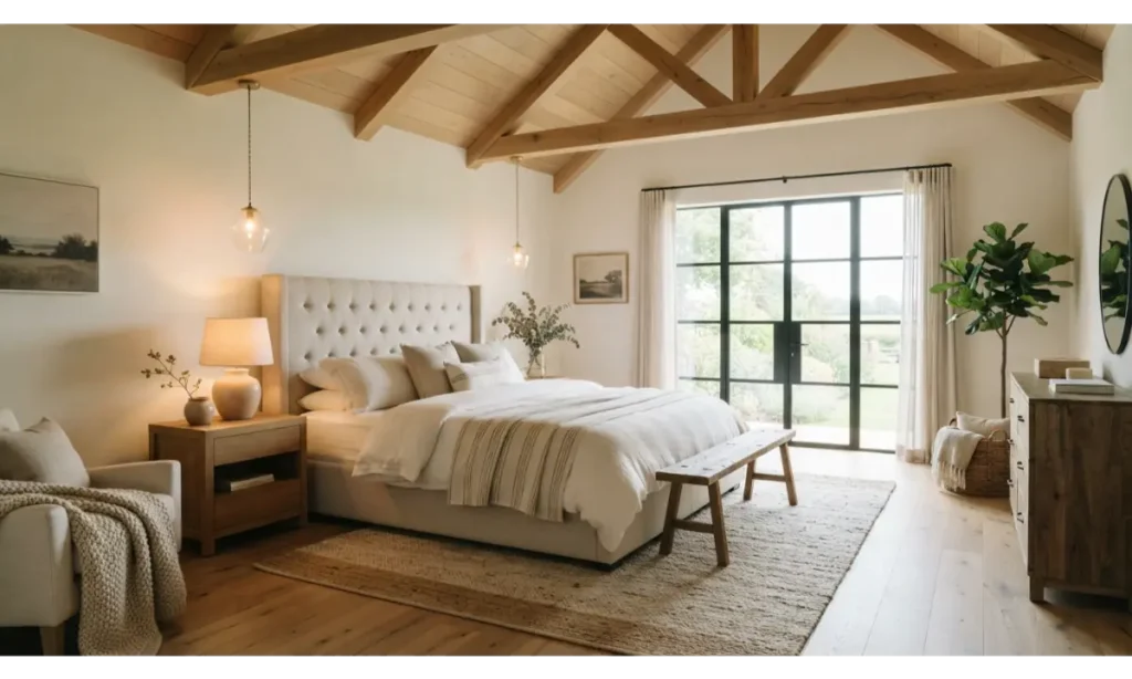 Modern Farmhouse Primary Bedroom With Wood Beams