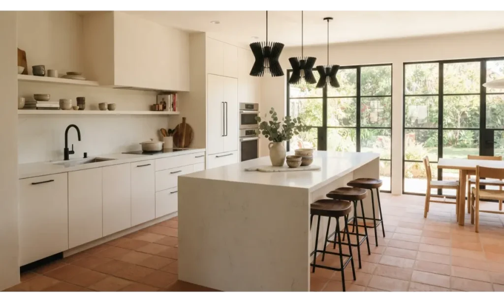 Modern Terracotta Tiles With Minimal White Cabinets
