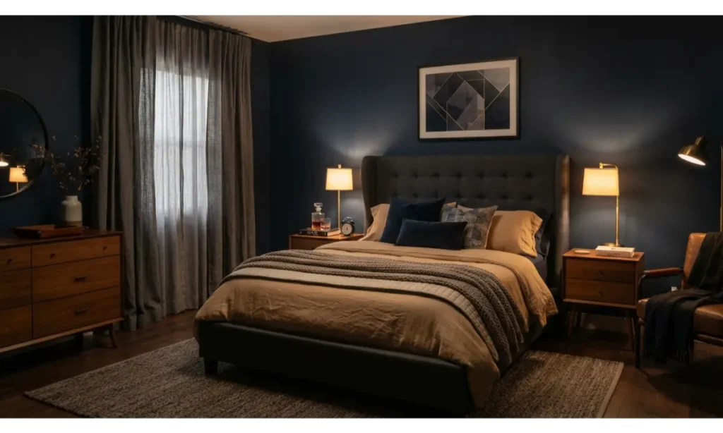 Moody Navy Bedroom With Warm Lighting