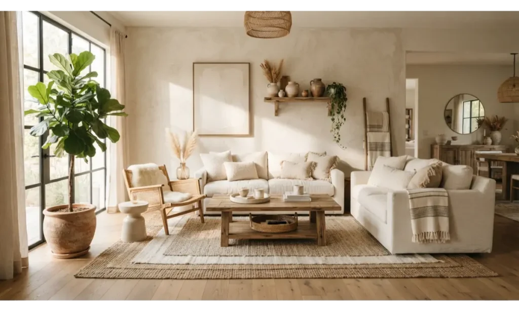 Neutral Boho Living Room With Textured Walls