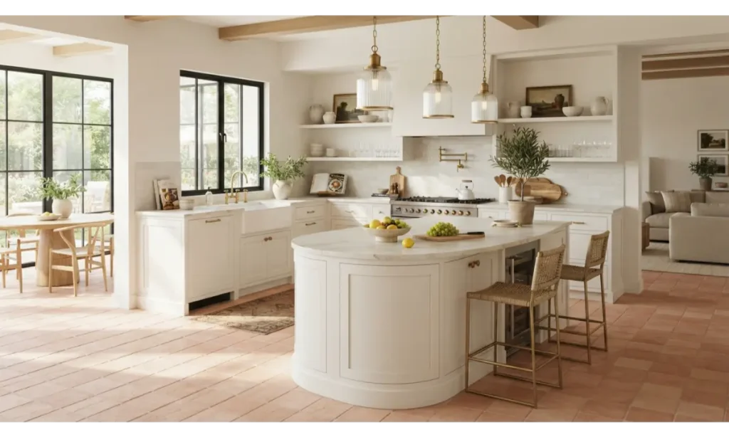 Soft Blush Terracotta Tiles With White Cabinets